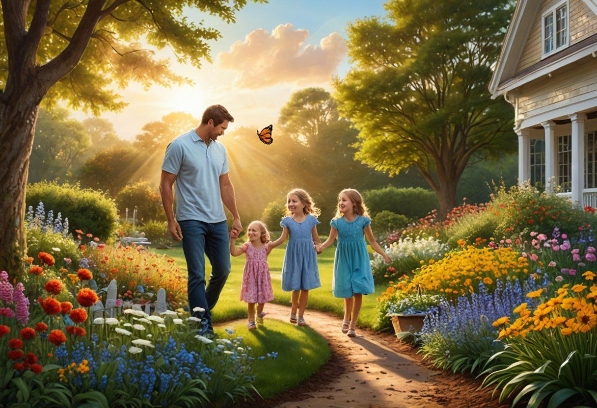A cozy family scene depicting parents and children gardening together, surrounded by lush greenery and colorful flowers. The children are planting seeds with hands covered in soil, while a variety of butterflies flutter around. A sunlit background with a clear blue sky accentuates the natural beauty and joy of nurturing nature. super-realistic. vibrant colors. warm and inviting atmosphere.