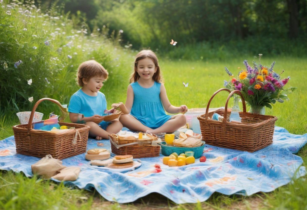 A serene family picnic in a sun-drenched meadow, surrounded by vibrant wildflowers and lush greenery. The parents are engaging with their children in eco-friendly activities like planting seeds and crafting with natural materials. A clear blue sky overhead and whimsical butterflies fluttering about enhance the joyful atmosphere. Include elements like reusable picnic baskets and sustainable toys scattered around. super-realistic. vibrant colors. peaceful ambiance.