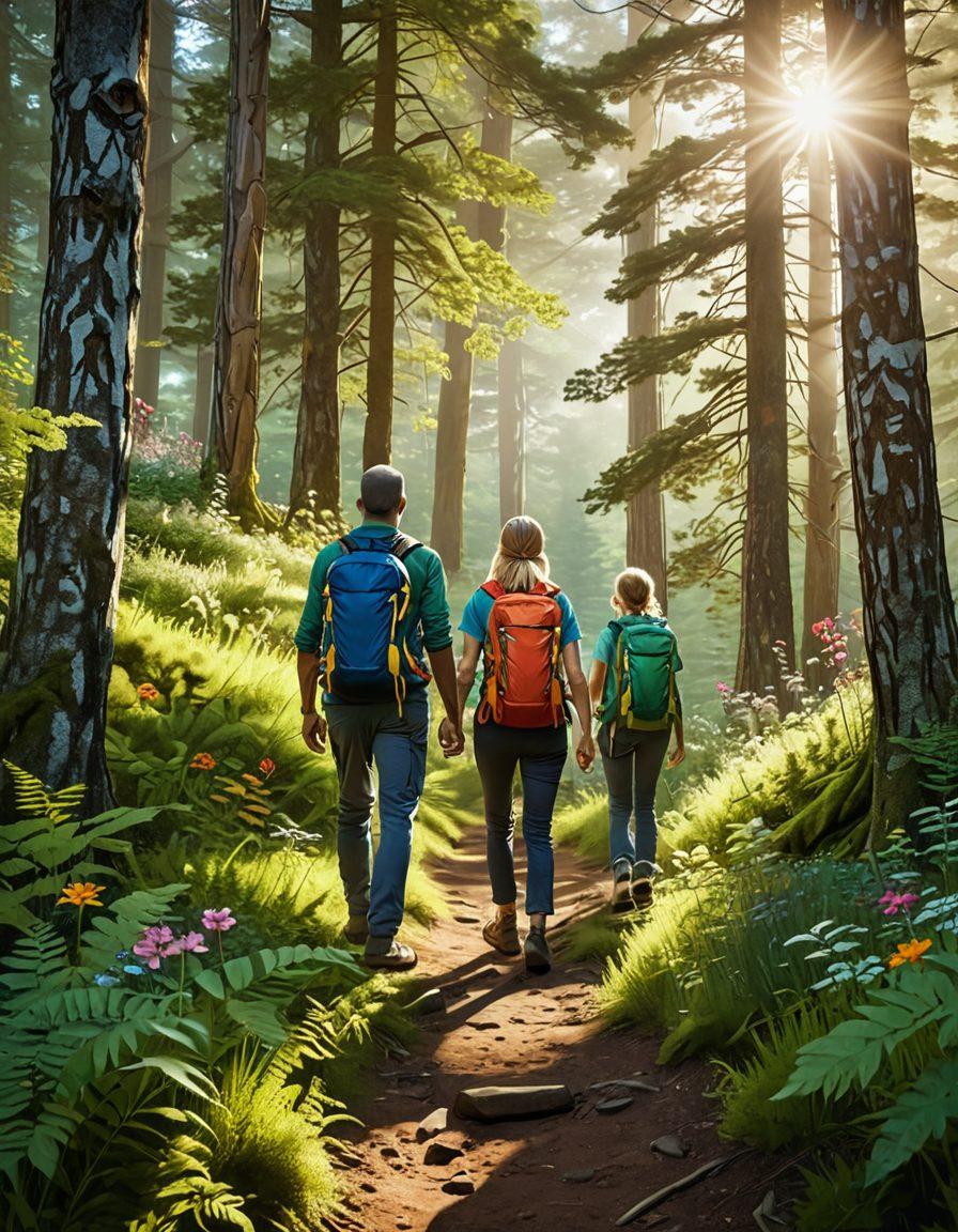 A picturesque family hiking through a lush green forest, enjoying nature with smiles on their faces, surrounded by tall trees and vibrant wildflowers. Include elements of sustainable living, such as a reusable backpack, picnic basket, and eco-friendly gear. The sun is shining brightly, casting a warm glow over the scene. Capture a sense of togetherness and adventure. super-realistic. vibrant colors. 3D.
